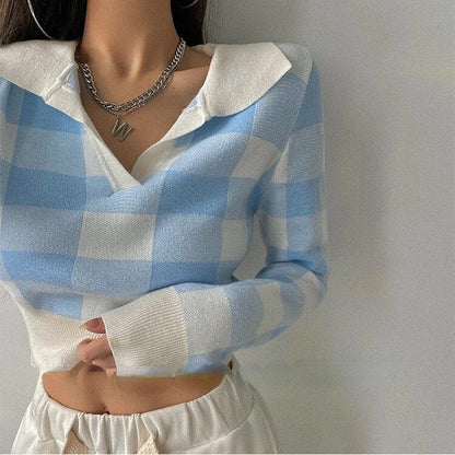 Autumn Winter Knitwear Crop Tops Pullover Sweaters Female Long Sleeve Elastic Plaid Knitted Shirts F4040