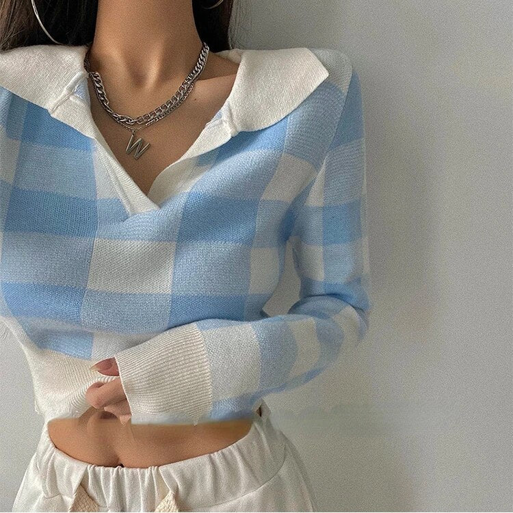 Autumn Winter Knitwear Crop Tops Pullover Sweaters Female Long Sleeve Elastic Plaid Knitted Shirts F4040