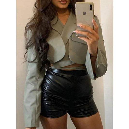 Gray Double Layer Bandage Slim Blazer Desigual Long Sleeve Pocket Short Jacket Female Outwear Crop Tops