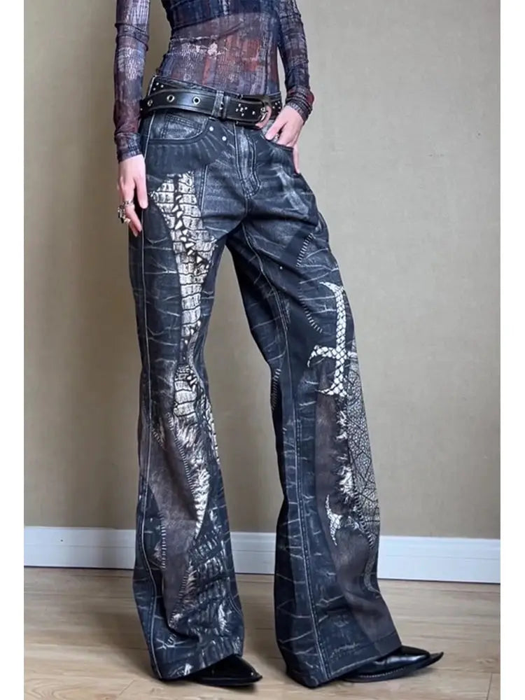 Retro Snake Printed Flared Jeans Cross Print High Waist Mujer Do Old Boot Cut Denim Pants Hip Hop Y2k Bottoms