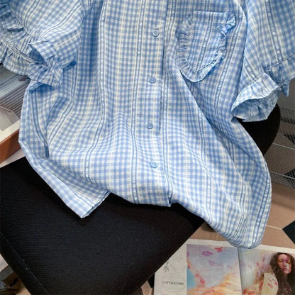 Harajuku Sweet Blue Plaid Shirts Summer Puff Sleeve Ruffles Blouses Y2k Grunge Single Breasted Blusas Mujer