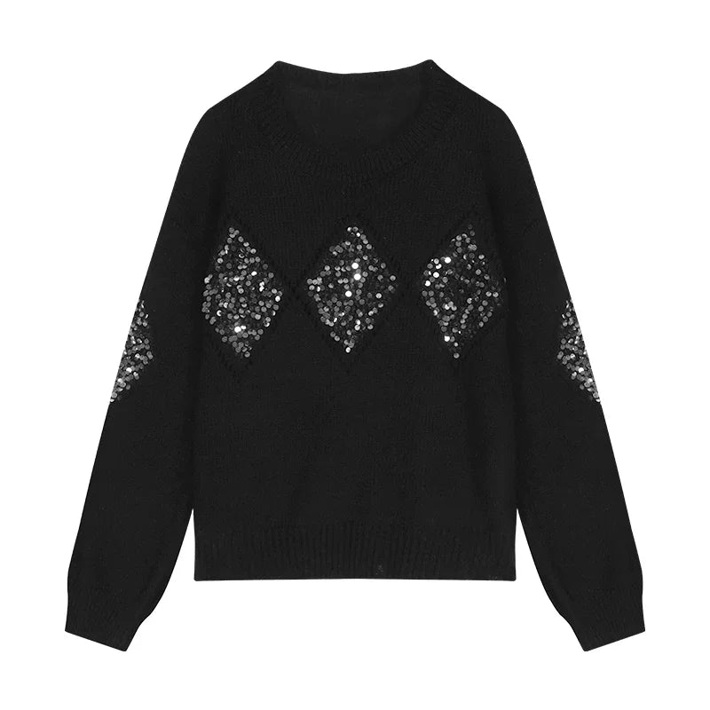 Spring New Oneck Diamond Sequins Cashmere Longsleeved Sweater + High Waist Striped Knit Skirt Twopiece Suit