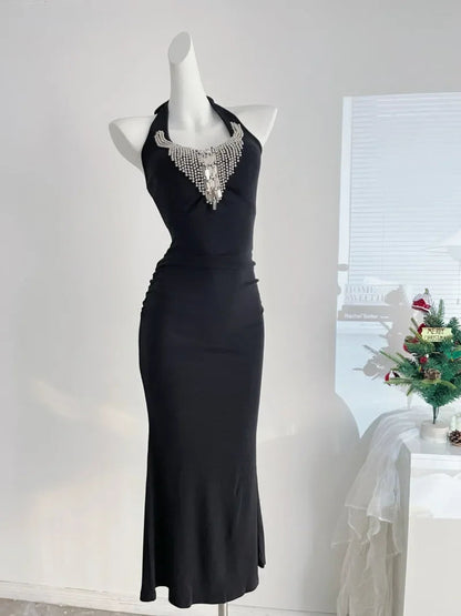 Sweet Hot Girl Diamond Halterneck Dress for Autumn Slim Fit Wrap Hip Mermaid Long Dress Female Clothes