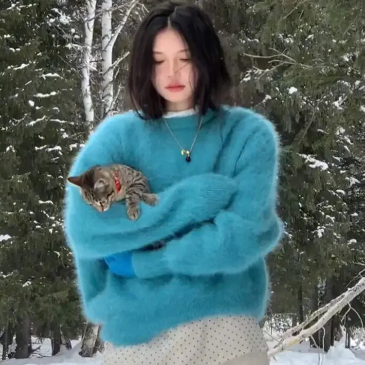 Autumn and Winter New Furry Blue Mink Fur Sweater for Round Neck Simple Loose Knitted Pullovers Tops
