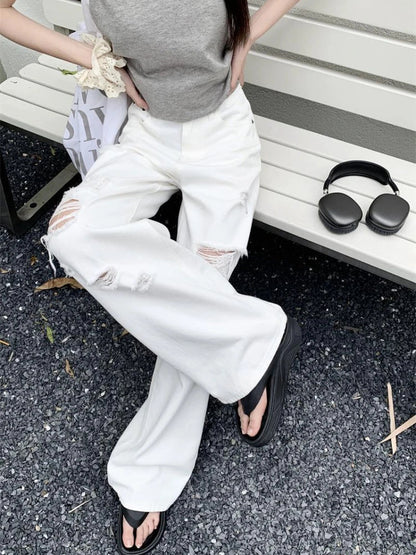 Basic White Ripped Jeans Jeans High Waisted Cowboy Pants Oversized Denim Trousers Y2k Hip Hop Clothes