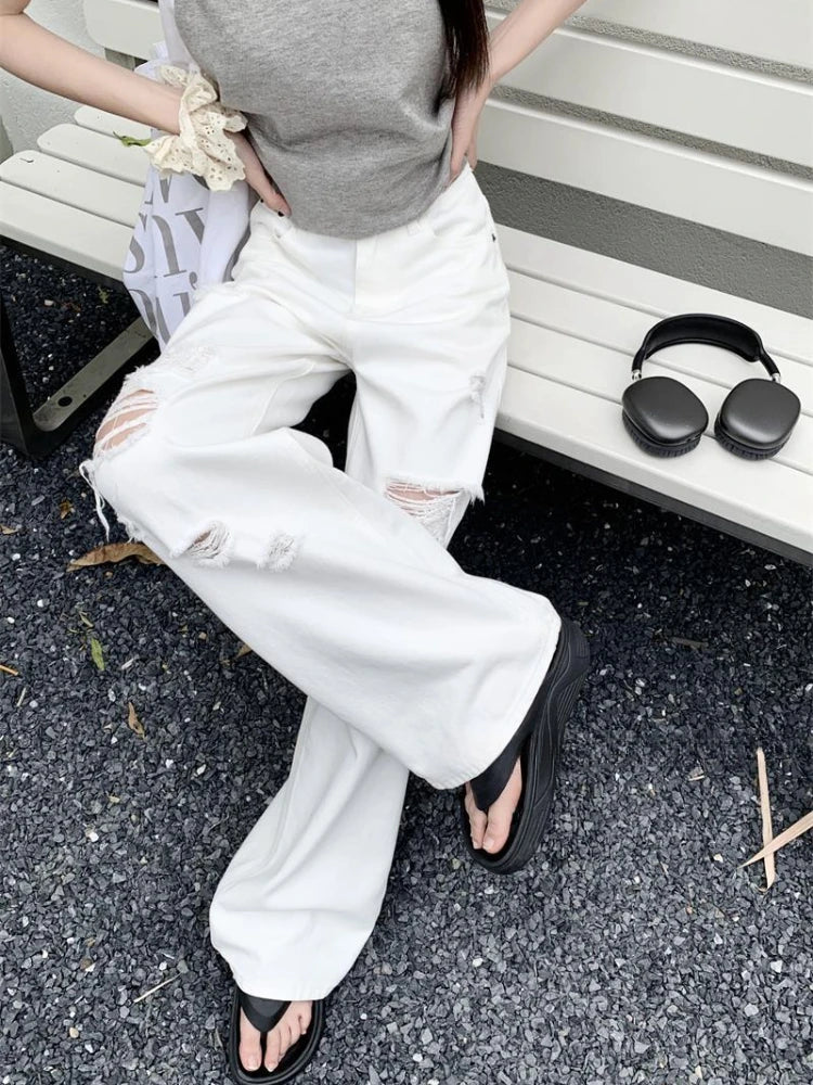Basic White Ripped Jeans Jeans High Waisted Cowboy Pants Oversized Denim Trousers Y2k Hip Hop Clothes