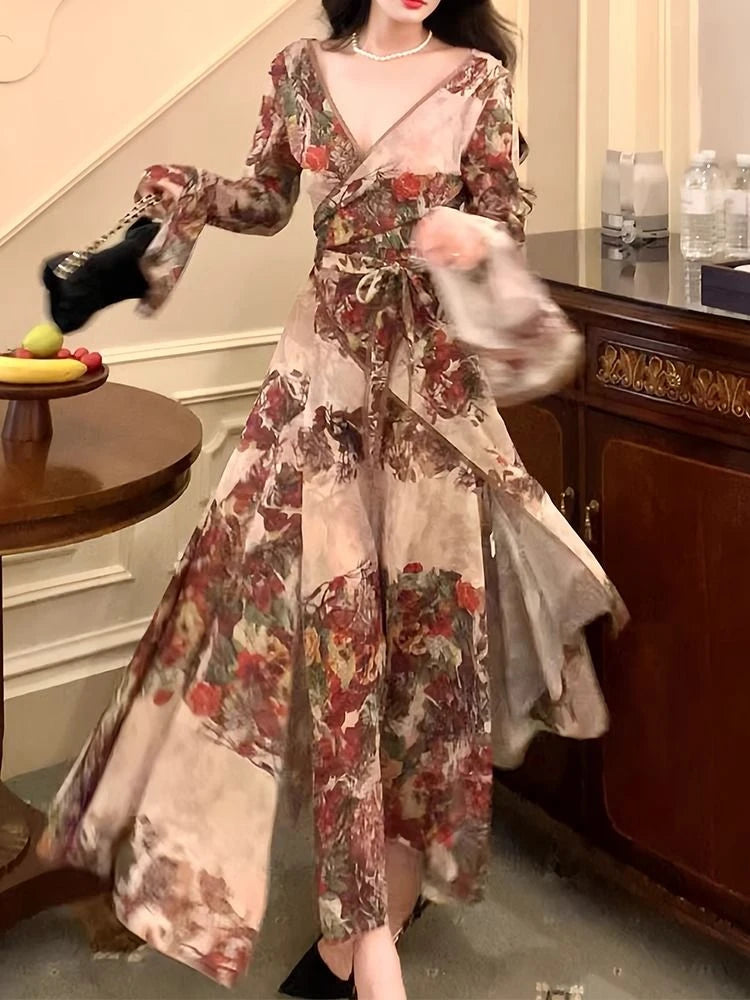 French Flower Print Midi Dress Female Retro Slim Design Long Sleeve Clothing Evening Party Dress Y2k Korean Summer
