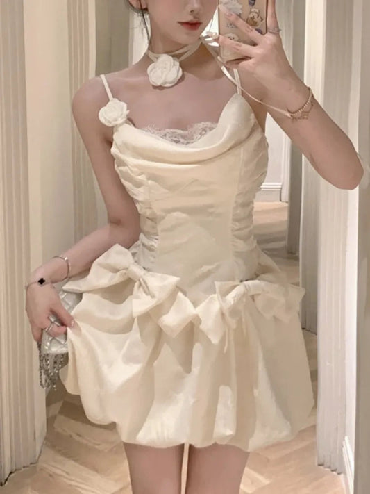 Sweet Spaghetti Strap Mini Dress for Tie Flower Bow Party Dresses Summer Spring Female Vestidos New Outfits