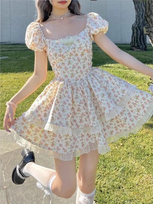 Print Mini Dress Spring Summer Hollow Out Princess Party Dresses Female Vestidos