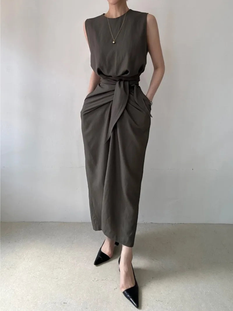Sweet Hot Girl Pure Twist Laceup Dress Autumn Slim Sleeveless Long Dress Female Clothes