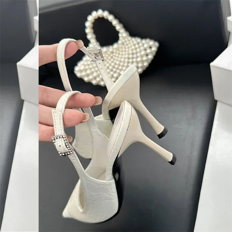 Slingbacks Thin High Heels Pointed Toe Buckle Strap Pumps Blue Party Dress Shoes Heeled Sandals