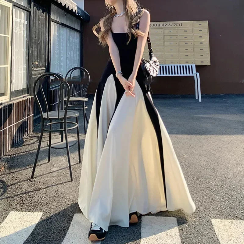 Black White Contrast Pleated Sling Long Dress Summer Backless Maxi Dresses Lady Evening Party Vestidos