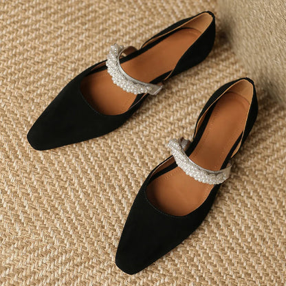 Mary Jane Flats Natural Suede Leather Beading Band Pointed Toe Slipon Female Footwear Summer Daily Shoes