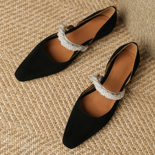 Mary Jane Flats Natural Suede Leather Beading Band Pointed Toe Slipon Female Footwear Summer Daily Shoes