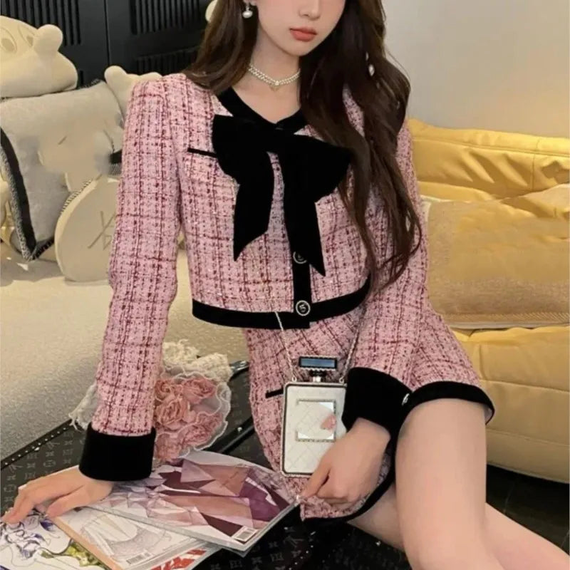Autumn Winter Tweed Two-piece Skirt Set Short Jacket Coat + Mini Skirt Suits Korean Female Outfits