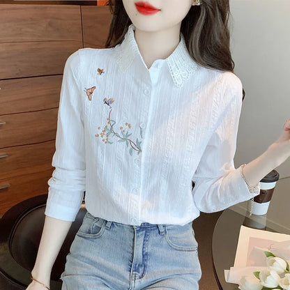 Embroidery Spring Autumn Blouses Shirts Lady Long Sleeve Turn-down Collar Color Blusas Tops Df4775