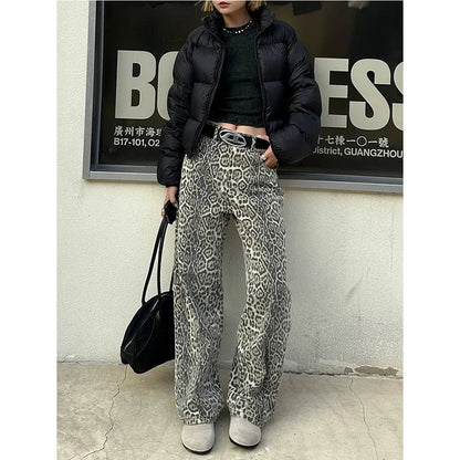 American Retro High Street Overalls Leopard Print Loose Wide Leg Pants for Y2k Hiphop Cargo Grunge Baggy Trousers