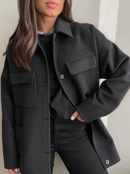 Autumn Winter Warm Woolen Jackets for Basical Big Pockets Long Sleeve Coats Outwear Clothes