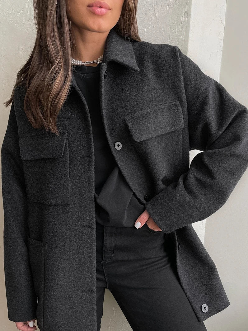 Autumn Winter Warm Woolen Jackets for Basical Big Pockets Long Sleeve Coats Outwear Clothes