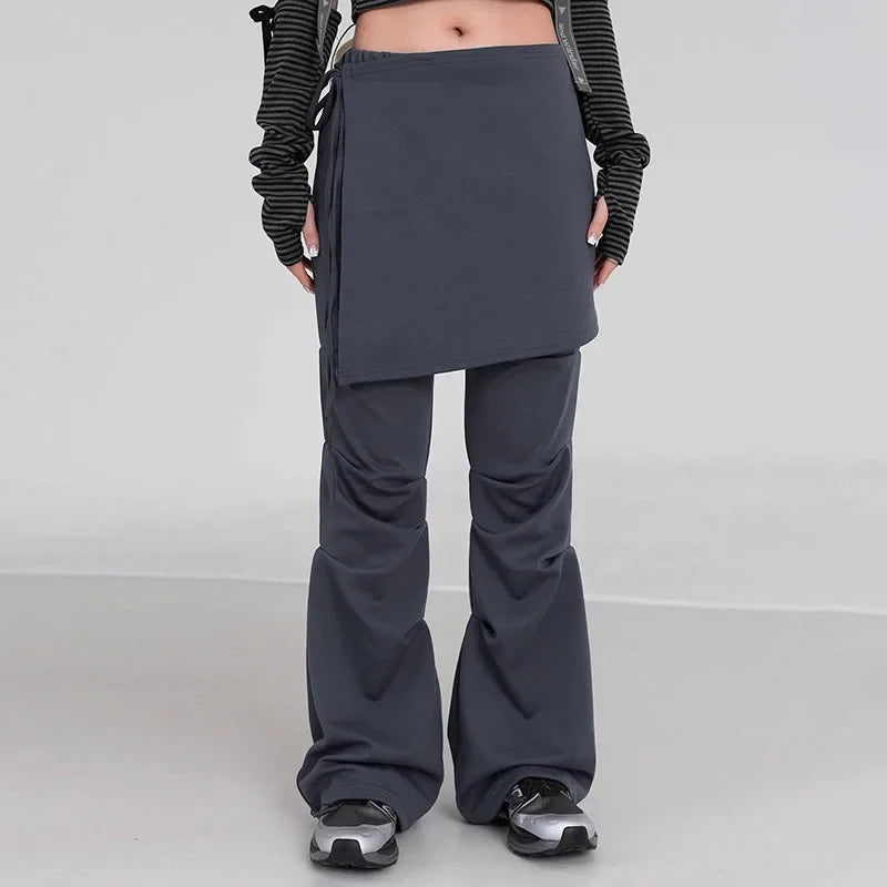 Retro Fake Two Piece Wideleg Pants Spring New High Street Drawstring Laceup Color Trousers