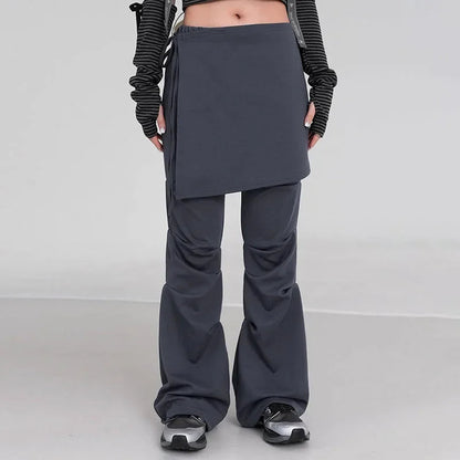 Retro Fake Two Piece Wideleg Pants Spring New High Street Drawstring Laceup Color Trousers