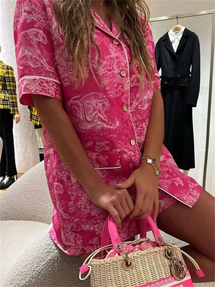 Printed 2 Piece-set Beach Clothes ’s Loose Pocket Lapel Outwear and High Waist Shorts Sets Summer Female Sets