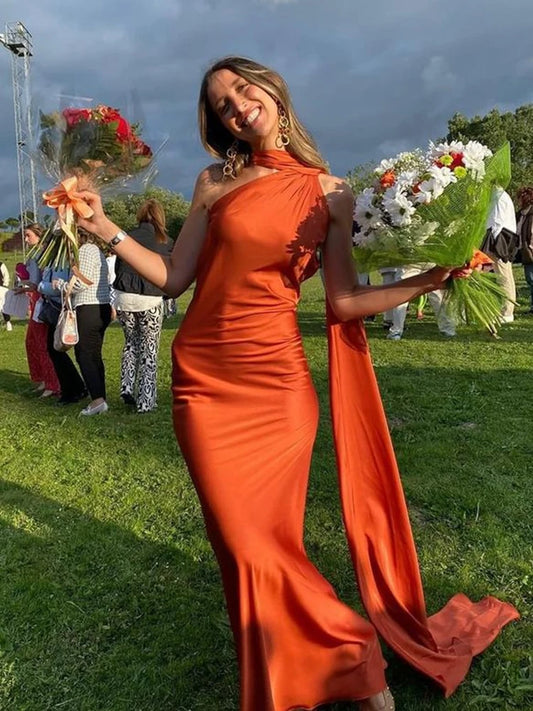 Satin Ribbon Halter Party Evening Dress Backless Off Shoulder Sleeveless Long Dresses Lady Robes