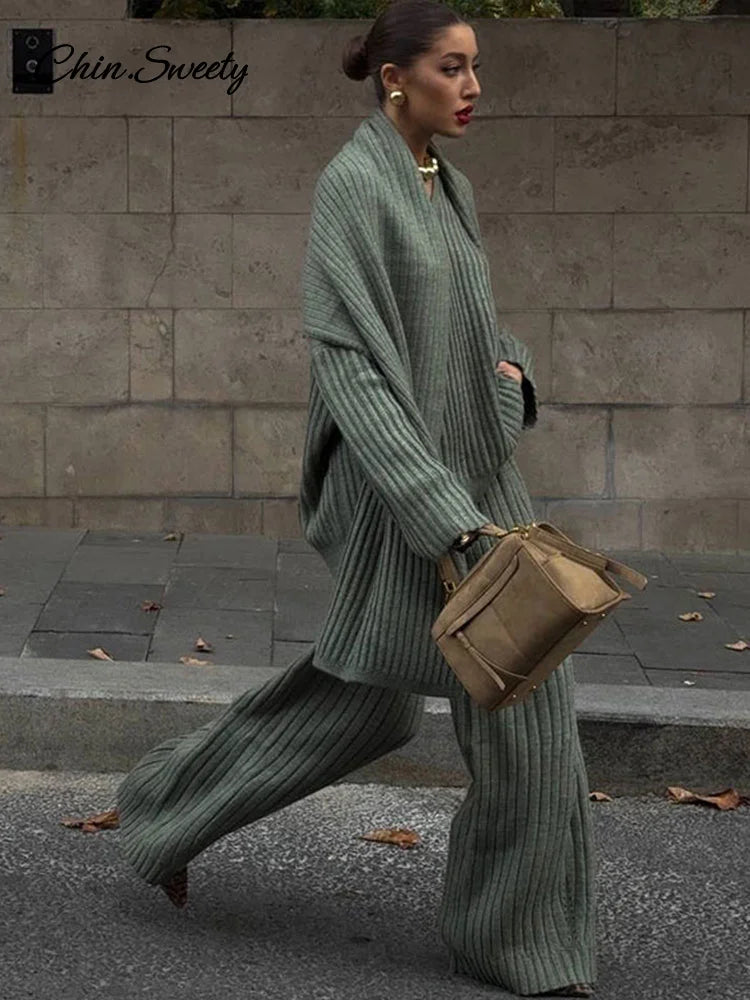 Lazy Loose Knit Burgundy Red Pant Set With Scarf Long Sleeve V-neck Jumper Wide Leg Full-length Pants Suit Lady Outfits