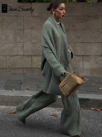 Lazy Loose Knit Burgundy Red Pant Set With Scarf Long Sleeve V-neck Jumper Wide Leg Full-length Pants Suit Lady Outfits