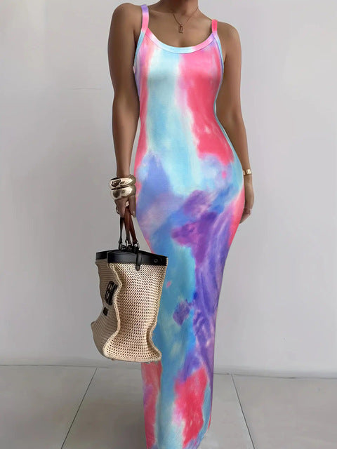 Color Tie Dye Print Spaghetti Strap Long Dresses Package Hip Bodycon Dress Female Club Vestidos
