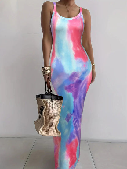 Color Tie Dye Print Spaghetti Strap Long Dresses Package Hip Bodycon Dress Female Club Vestidos