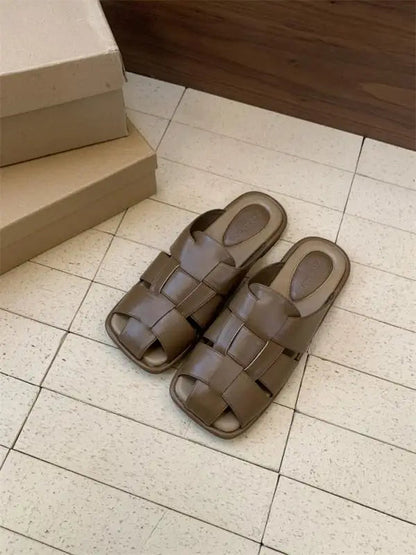 Slippers Summer Shoes Low Slides Cover Toe Pantofle Fretwork Heels Flat Rubber Pu Fabric Hoof Shoes Wo