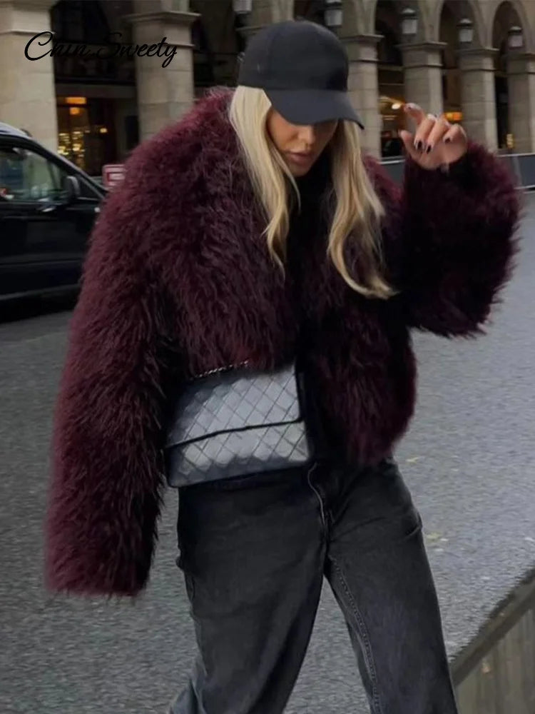 Faux Fur Coat Fluffy Lapel Loose Long Sleeve Burgundy Red Cropped Jacket Female Winter High Street Outwear