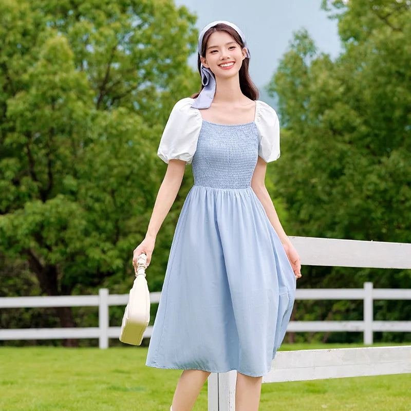 Dress Color-blocking Puff Sleeves Sweet and Temperament Autumn Hepburn Style Tight Retro Skirt