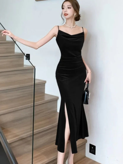 Split Velvet Midi Dresses Summer French Spaghetti Strap Wedding Party Female Clothing