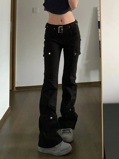Woman Stretch Jeans Low Waist Denim Floorlength Multiple Pockets Dark Academia Pants Baddie Style Japanese