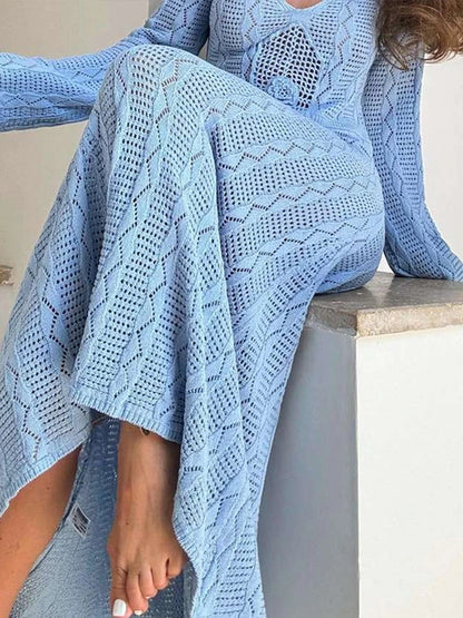 Knit Long Dress Slim Round Neck Hollow Vestidos Female Autumn Lady Holiday Beach Robe