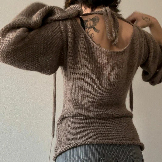 ’s Tie Up Backless Knitted Sweaters Autumn Long Sleeve Boat Neck Pullover Tops Korean Y2k Jumpers T-shirt