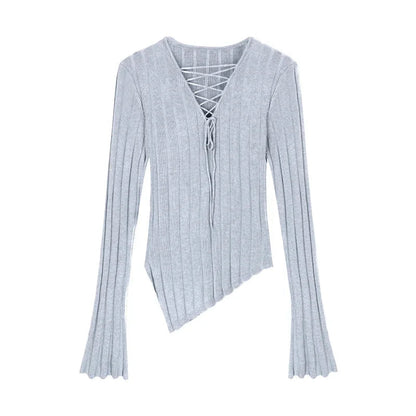 High Street Color Irregular Long Sleeve Sweater Spring New Vneck Laceup Slim Thread Knitted Tops