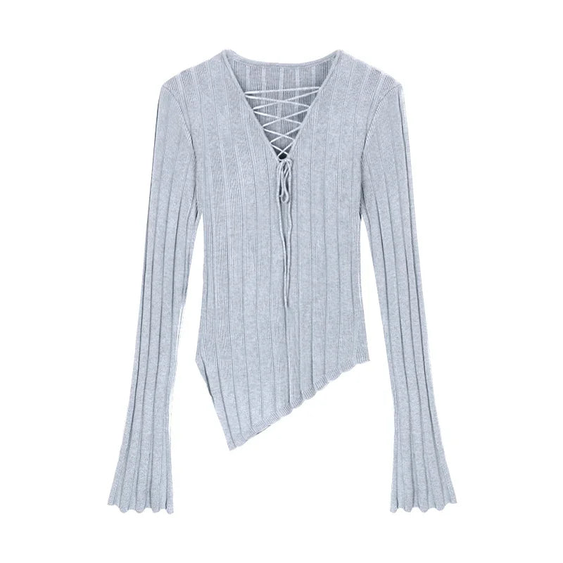 High Street Color Irregular Long Sleeve Sweater Spring New Vneck Laceup Slim Thread Knitted Tops