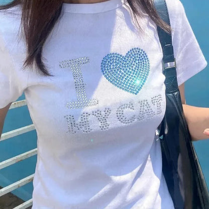 Summer European and American Style Short Sleeved T-shirt With Letter Hot Diamond Top, T-shirt With Slim Fit Inside for