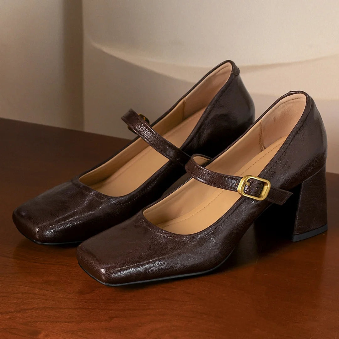 Sheepskin Square Toe Slipon Very Jane Pumps 6.5cm Thick High Heel Evening Dress Heeled Shoes for Woman
