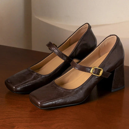 Sheepskin Square Toe Slipon Very Jane Pumps 6.5cm Thick High Heel Evening Dress Heeled Shoes for Woman
