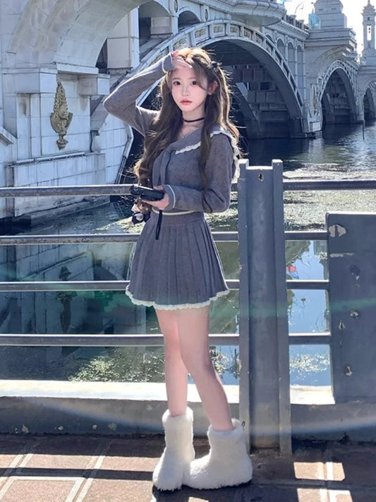 Winter Spring New 2 Piece Mini Sweater Knit Pleated Skirts Set Slim Korean Preppy Style Female Outfits