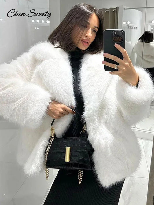 Fluffy Faux Fur Coat Loose Lapel Plush Long Sleeve Buckle Thick Jacket Autumn Winter Warm Overcoat New