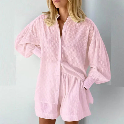 New Beach Shirt Shorts Twopiece Set Summer Tracksuit Female Loose Long Sleeve Top Suit Lounge Wear Homewear