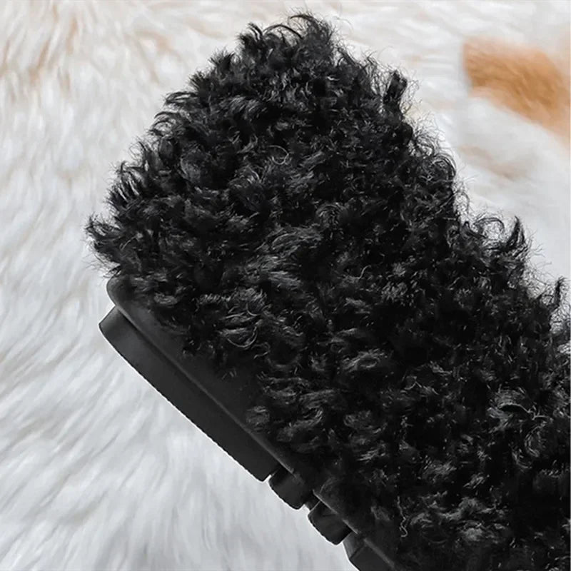 Plush Warm Flat Shoes for Winter Bow Design Nonslip Soft Bottom Ballet Shoes Low Heel Padded Mules