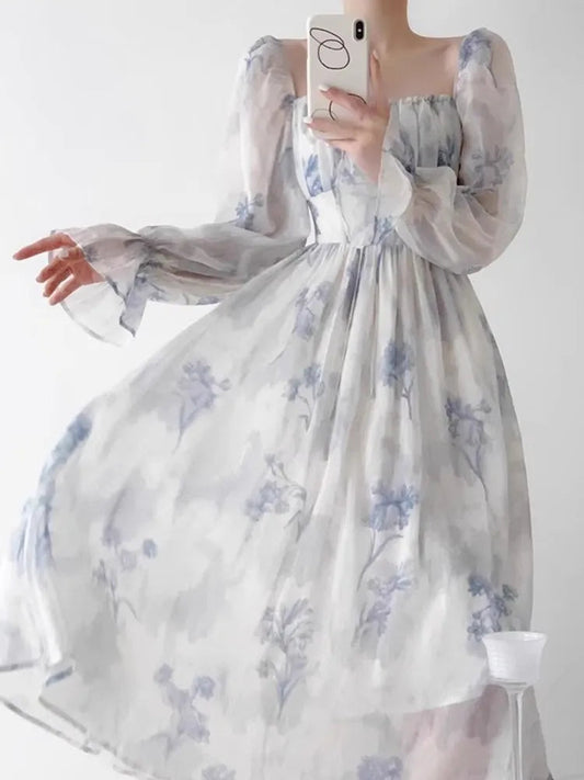 Autumn Printed Midi Dress Lantern Sleeve Square Collar Slim Waist Vestidos Holiday Outfits