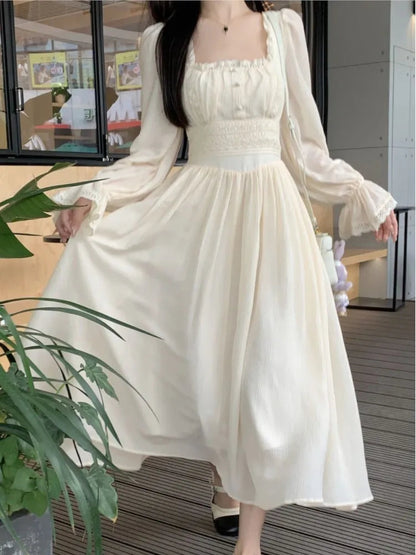 French Princess Midi Dresses Summer Korean Lace Spliced Long Sleeve Vestidos New Evening Clothes