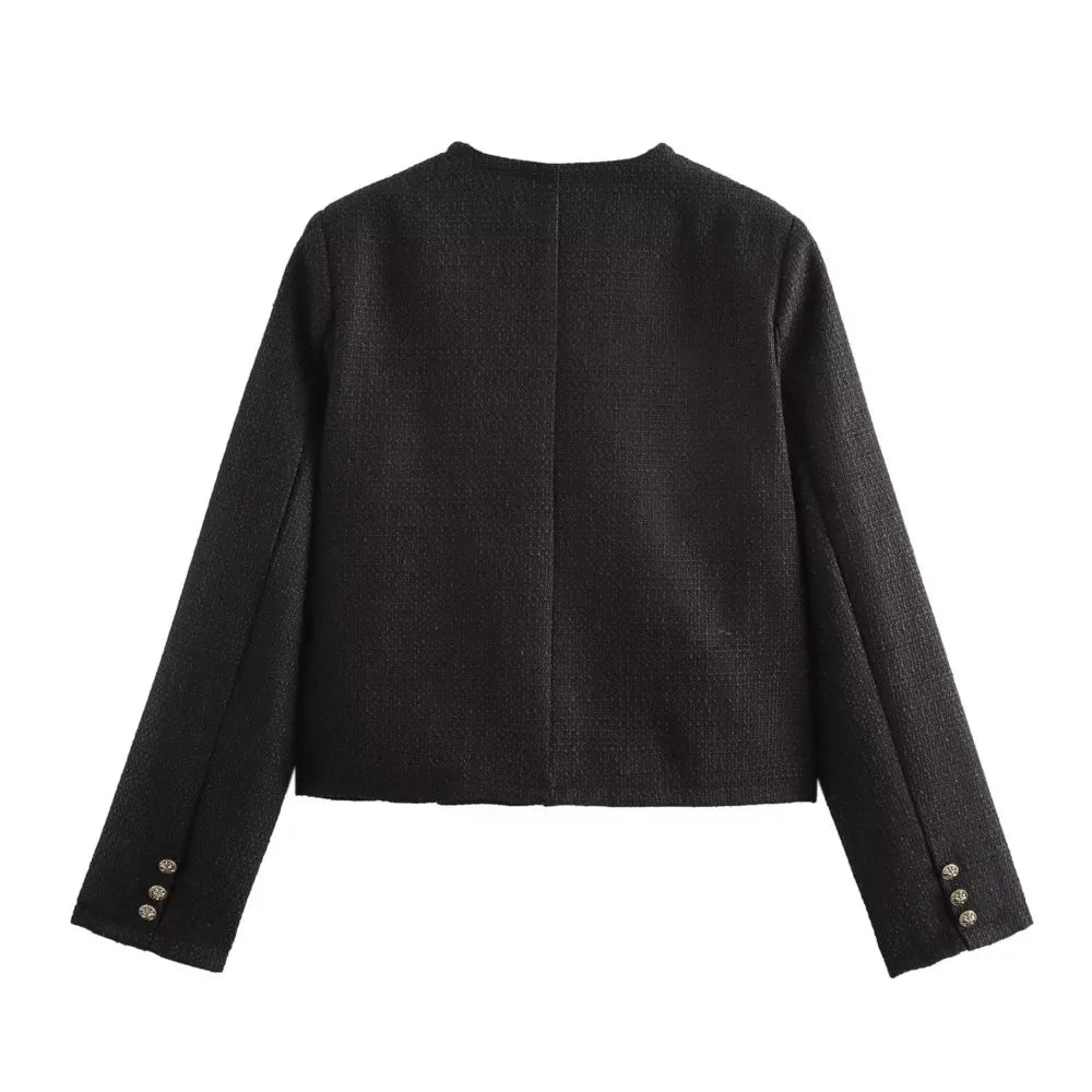 Autumn O Neck Soft Woolen Black Tweed Coat Cropped Front Pocket Single-breated Buttons Short Blazer Jacket